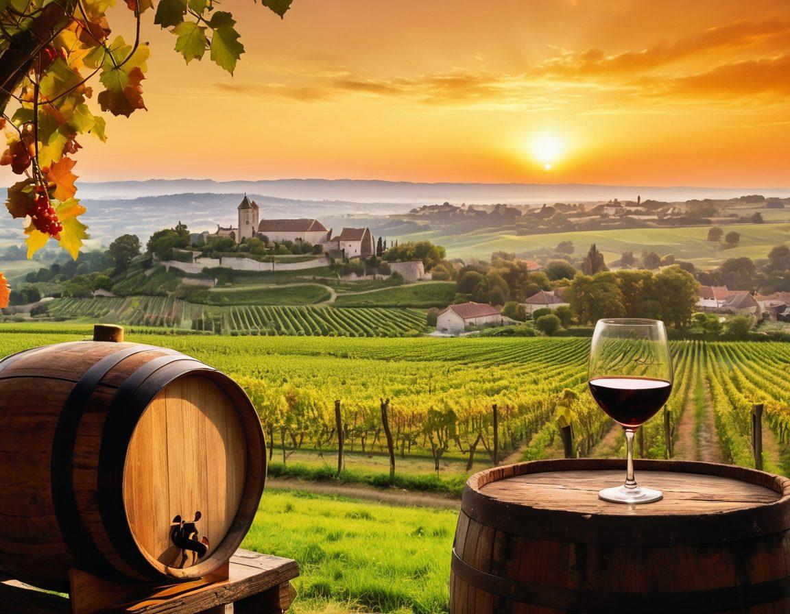 A picturesque vineyard in Bordeaux, showcasing lush green grapevines with ripe grapes ready for harvest. In the foreground, a vintage wooden wine barrel and a glass of deep red wine, casting reflections of the vibrant landscape. A backdrop of rolling hills and distant châteaux under a golden sunset, symbolizing the rich legacy of the region. super-realistic. vibrant colors. romantic atmosphere.