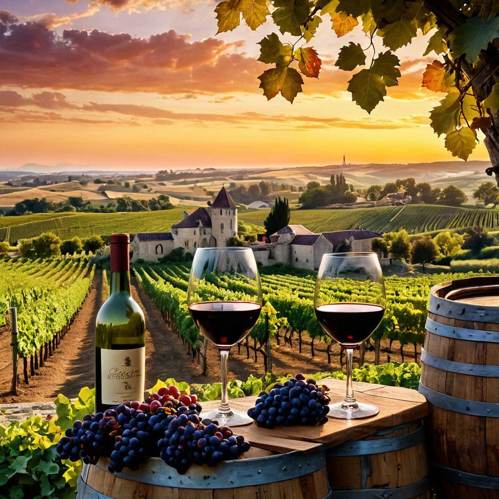 A picturesque vineyard landscape in Bordeaux, with rolling hills covered in lush grapevines, a quaint stone chateau in the background, and a sunset casting warm hues over the scene. Include a wine glass filled with rich red wine in the foreground, surrounded by clusters of ripe grapes. Capture the essence of vintage wine culture with elegant wine barrels and rustic elements. super-realistic. vibrant colors.